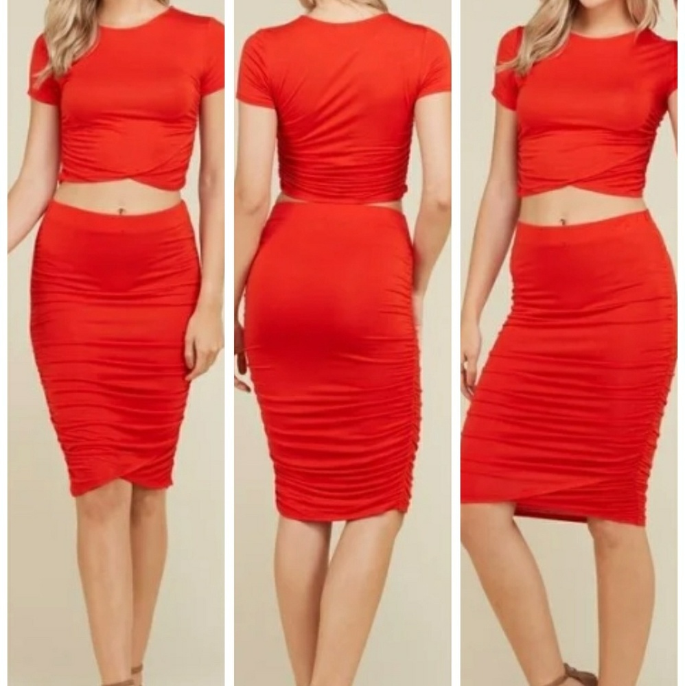 HEART & HIPS Red Orange Ruched Pencil Skirt - Picture 1 of 4